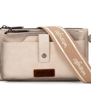 WG120-209 Wrangler Dual Zipper Compartment Crossbody Bag - Tan - New with Tags